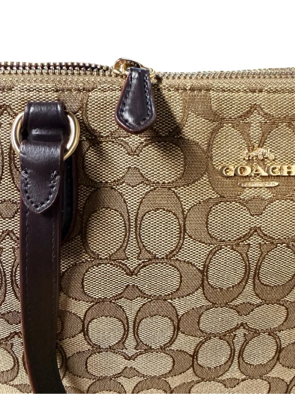 Coach Signature Zip Top Tote Khaki Dark Brown Canvas F29958 Excellent